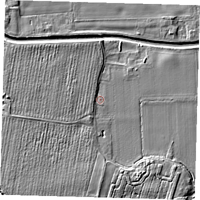 Shaded relief map of the ground around PE219NH, computed from Environment Agency LiDAR. The ground here sits at about 2 m above sea level and falls 7 m across the surrounding 800 m. Surface water reaching this point runs off ground lying to the west, 4.0 m higher.