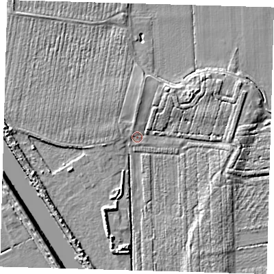 Shaded relief map of the ground around PE219NJ, computed from Environment Agency LiDAR. The ground here sits at about 3 m above sea level and falls 6 m across the surrounding 800 m. Surface water reaching this point runs off ground lying to the north, 1.8 m higher.