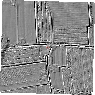 Shaded relief map of the ground around PE219NN, computed from Environment Agency LiDAR. The ground here sits at about 2 m above sea level and falls 4 m across the surrounding 800 m. Surface water reaching this point runs off ground lying to the north, 2.4 m higher.