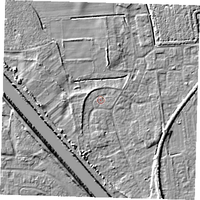 Shaded relief map of the ground around PE219NQ, computed from Environment Agency LiDAR. The ground here sits at about 3 m above sea level and falls 6 m across the surrounding 800 m. Surface water reaching this point runs off ground lying to the west-north-west, 2.5 m higher.