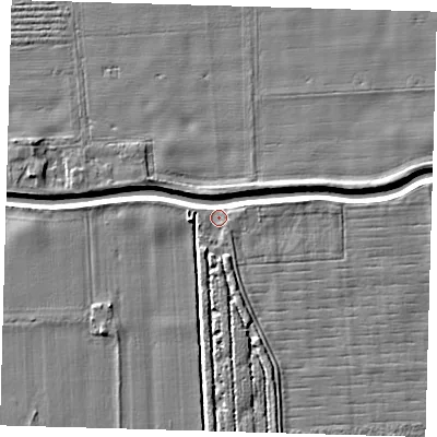 Shaded relief map of the ground around PE219NW, computed from Environment Agency LiDAR. The ground here sits at about 2 m above sea level and falls 5 m across the surrounding 800 m. Surface water reaching this point runs off ground lying to the south, 4.4 m higher.