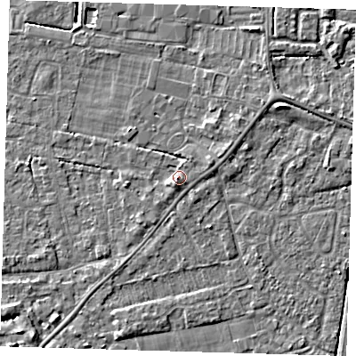 Shaded relief map of the ground around PE219PE, computed from Environment Agency LiDAR. The ground here sits at about 4 m above sea level and falls 4 m across the surrounding 800 m. Surface water reaching this point runs off ground lying to the west-south-west, 1.6 m higher.