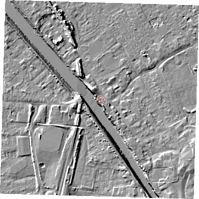 Shaded relief map of the ground around PE219PR, computed from Environment Agency LiDAR. The ground here sits at about 5 m above sea level and falls 8 m across the surrounding 800 m. Surface water reaching this point runs off ground lying to the north-north-west, 7.1 m higher.