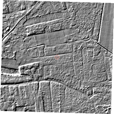 Shaded relief map of the ground around PE219PU, computed from Environment Agency LiDAR. The ground here sits at about 2 m above sea level and falls 3 m across the surrounding 800 m. Surface water reaching this point runs off ground lying to the north-west, 1.3 m higher.