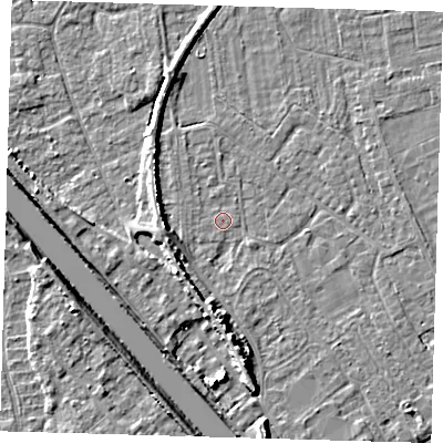 Shaded relief map of the ground around PE219PZ, computed from Environment Agency LiDAR. The ground here sits at about 2 m above sea level and falls 7 m across the surrounding 800 m. Surface water reaching this point runs off ground lying to the south, 5.3 m higher.