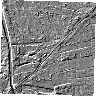 Shaded relief map of the ground around PE219QD, computed from Environment Agency LiDAR. The ground here sits at about 2 m above sea level and falls 4 m across the surrounding 800 m. Surface water reaching this point runs off ground lying to the west-south-west, 2.6 m higher.