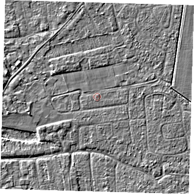 Shaded relief map of the ground around PE219QF, computed from Environment Agency LiDAR. The ground here sits at about 2 m above sea level and falls 3 m across the surrounding 800 m. The ground contributing surface water to this point lies to the south-south-west.