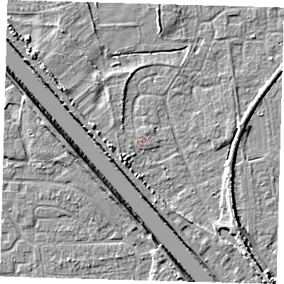 Shaded relief map of the ground around PE219QG, computed from Environment Agency LiDAR. The ground here sits at about 3 m above sea level and falls 6 m across the surrounding 800 m. The ground contributing surface water to this point lies to the north-north-east.