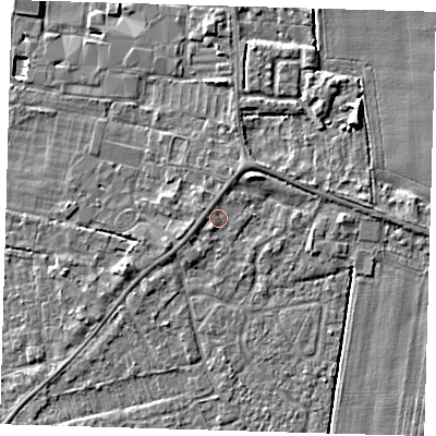 Shaded relief map of the ground around PE219QN, computed from Environment Agency LiDAR. The ground here sits at about 3 m above sea level and falls 5 m across the surrounding 800 m. Surface water reaching this point runs off ground lying to the west-south-west, 0.9 m higher.