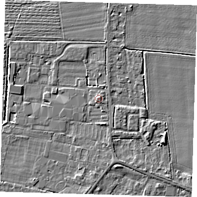 Shaded relief map of the ground around PE219QT, computed from Environment Agency LiDAR. The ground here sits at about 4 m above sea level and falls 5 m across the surrounding 800 m. Surface water reaching this point runs off ground lying to the west-south-west, 1.0 m higher.