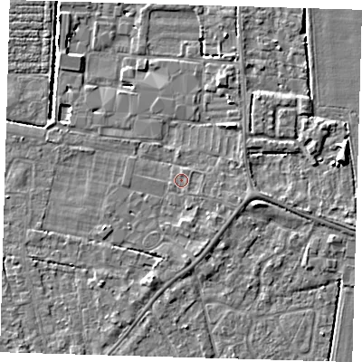 Shaded relief map of the ground around PE219QW, computed from Environment Agency LiDAR. The ground here sits at about 3 m above sea level and falls 5 m across the surrounding 800 m. The ground contributing surface water to this point lies to the north.