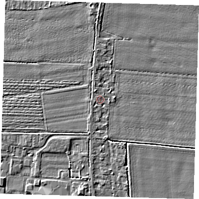 Shaded relief map of the ground around PE219QY, computed from Environment Agency LiDAR. The ground here sits at about 2 m above sea level and falls 4 m across the surrounding 800 m. Surface water reaching this point runs off ground lying to the south-south-west, 1.1 m higher.