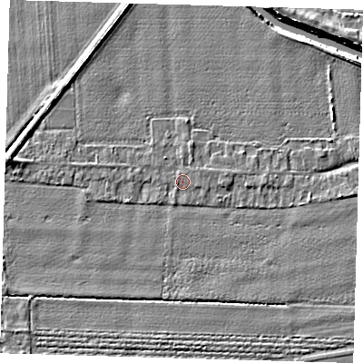 Shaded relief map of the ground around PE219RA, computed from Environment Agency LiDAR. The ground here sits at about 2 m above sea level and falls 5 m across the surrounding 800 m. Surface water reaching this point runs off ground lying to the east-north-east, 0.5 m higher.
