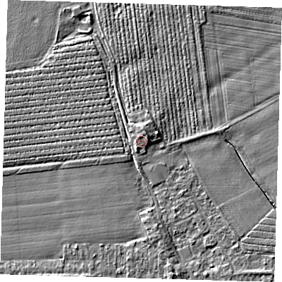 Shaded relief map of the ground around PE219RH, computed from Environment Agency LiDAR. The ground here sits at about 4 m above sea level and falls 4 m across the surrounding 800 m. Surface water reaching this point runs off ground lying to the north-east, 1.3 m higher.