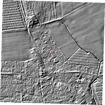 Shaded relief map of the ground around PE219RP, computed from Environment Agency LiDAR. The ground here sits at about 3 m above sea level and falls 4 m across the surrounding 800 m. Surface water reaching this point runs off ground lying to the south-south-west, 1.8 m higher.