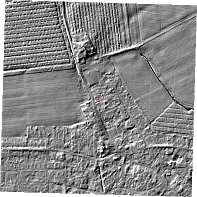 Shaded relief map of the ground around PE219RQ, computed from Environment Agency LiDAR. The ground here sits at about 2 m above sea level and falls 4 m across the surrounding 800 m. Surface water reaching this point runs off ground lying to the south-south-west, 1.5 m higher.