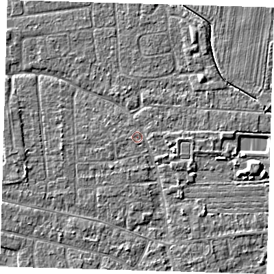 Shaded relief map of the ground around PE219RS, computed from Environment Agency LiDAR. The ground here sits at about 2 m above sea level and falls 5 m across the surrounding 800 m. Surface water reaching this point runs off ground lying to the south-west, 1.2 m higher.