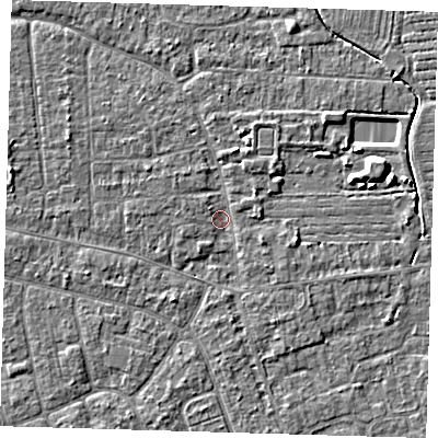Shaded relief map of the ground around PE219RT, computed from Environment Agency LiDAR. The ground here sits at about 2 m above sea level and falls 5 m across the surrounding 800 m. Surface water reaching this point runs off ground lying to the north-north-east, 2.0 m higher.