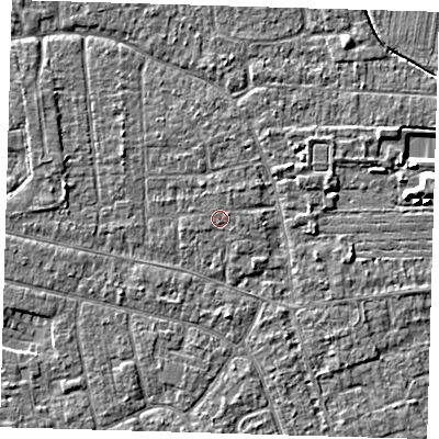 Shaded relief map of the ground around PE219RU, computed from Environment Agency LiDAR. The ground here sits at about 3 m above sea level and falls 5 m across the surrounding 800 m. The ground contributing surface water to this point lies to the south-west.