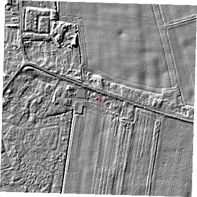 Shaded relief map of the ground around PE219RW, computed from Environment Agency LiDAR. The ground here sits at about 2 m above sea level and falls 5 m across the surrounding 800 m. Surface water reaching this point runs off ground lying to the north-east, 1.2 m higher.