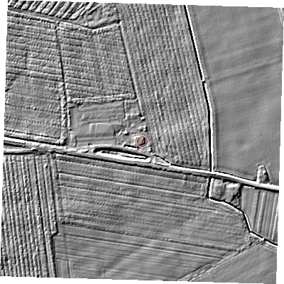 Shaded relief map of the ground around PE219RZ, computed from Environment Agency LiDAR. The ground here sits at about 3 m above sea level and falls 3 m across the surrounding 800 m. Surface water reaching this point runs off ground lying to the south-east, 2.2 m higher.