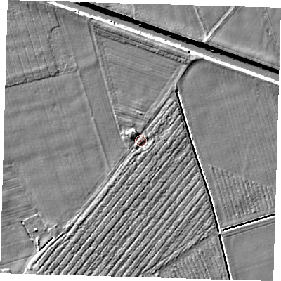 Shaded relief map of the ground around PE219SD, computed from Environment Agency LiDAR. The ground here sits at about 2 m above sea level and falls 6 m across the surrounding 800 m. Surface water reaching this point runs off ground lying to the east-north-east, 0.8 m higher.
