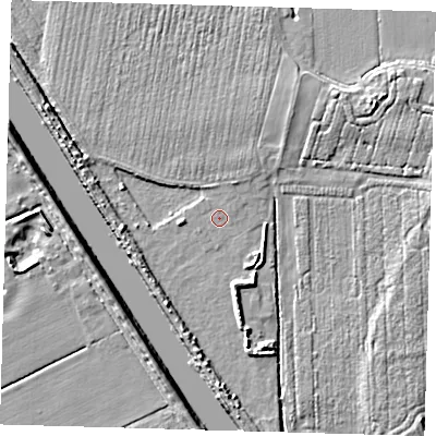 Shaded relief map of the ground around PE219SG, computed from Environment Agency LiDAR. The ground here sits at about 3 m above sea level and falls 6 m across the surrounding 800 m. The ground contributing surface water to this point lies to the east-north-east.