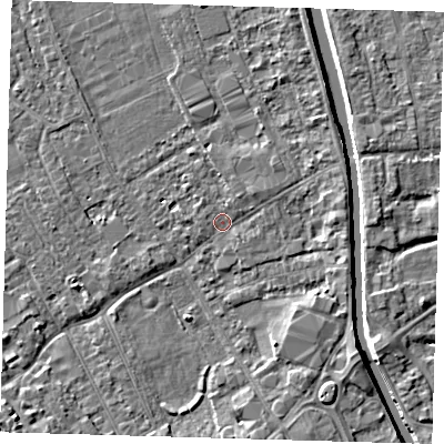 Shaded relief map of the ground around PE219TE, computed from Environment Agency LiDAR. The ground here sits at about 2 m above sea level and falls 6 m across the surrounding 800 m. Surface water reaching this point runs off ground lying to the south, 2.8 m higher.