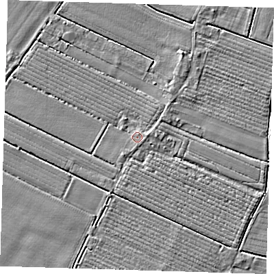 Shaded relief map of the ground around PE220AA, computed from Environment Agency LiDAR. The ground here sits at about 3 m above sea level and falls 3 m across the surrounding 800 m. Surface water reaching this point runs off ground lying to the east, 1.1 m higher.