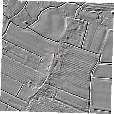 Shaded relief map of the ground around PE220AB, computed from Environment Agency LiDAR. The ground here sits at about 3 m above sea level and falls 5 m across the surrounding 800 m. Surface water reaching this point runs off ground lying to the west-north-west, 1.1 m higher.