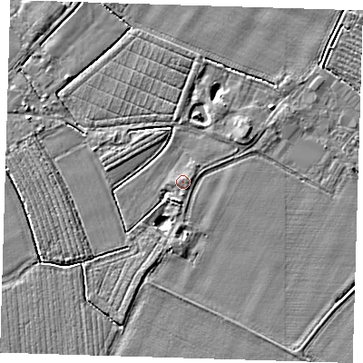 Shaded relief map of the ground around PE220AD, computed from Environment Agency LiDAR. The ground here sits at about 3 m above sea level and falls 4 m across the surrounding 800 m. Surface water reaching this point runs off ground lying to the south, 1.8 m higher.