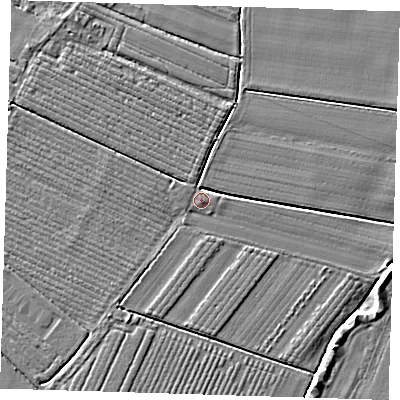Shaded relief map of the ground around PE220AE, computed from Environment Agency LiDAR. The ground here sits at about 3 m above sea level and falls 5 m across the surrounding 800 m. Surface water reaching this point runs off ground lying to the south, 1.7 m higher.