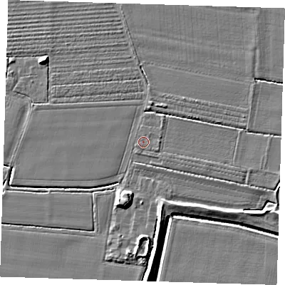 Shaded relief map of the ground around PE220AG, computed from Environment Agency LiDAR. The ground here sits at about 3 m above sea level and falls 6 m across the surrounding 800 m. Surface water reaching this point runs off ground lying to the east-south-east, 0.6 m higher.