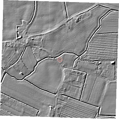 Shaded relief map of the ground around PE220AN, computed from Environment Agency LiDAR. The ground here sits at about 3 m above sea level and falls 5 m across the surrounding 800 m. Surface water reaching this point runs off ground lying to the south, 1.4 m higher.
