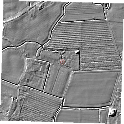 Shaded relief map of the ground around PE220AQ, computed from Environment Agency LiDAR. The ground here sits at about 3 m above sea level and falls 6 m across the surrounding 800 m. Surface water reaching this point runs off ground lying to the east-north-east, 5.2 m higher.