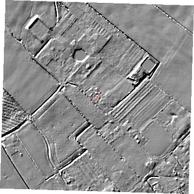 Shaded relief map of the ground around PE220AR, computed from Environment Agency LiDAR. The ground here sits at about 2 m above sea level and falls 4 m across the surrounding 800 m. Surface water reaching this point runs off ground lying to the north-north-west, 0.8 m higher.