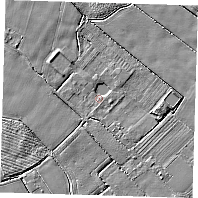 Shaded relief map of the ground around PE220AS, computed from Environment Agency LiDAR. The ground here sits at about 2 m above sea level and falls 4 m across the surrounding 800 m. Surface water reaching this point runs off ground lying to the east, 3.3 m higher.