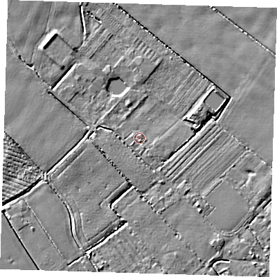 Shaded relief map of the ground around PE220AT, computed from Environment Agency LiDAR. The ground here sits at about 2 m above sea level and falls 4 m across the surrounding 800 m. Surface water reaching this point runs off ground lying to the east-north-east, 2.4 m higher.