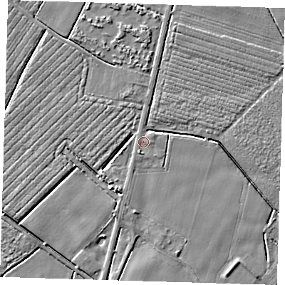 Shaded relief map of the ground around PE220AU, computed from Environment Agency LiDAR. The ground here sits at about 2 m above sea level and falls 4 m across the surrounding 800 m. Surface water reaching this point runs off ground lying to the south-south-west, 3.7 m higher.