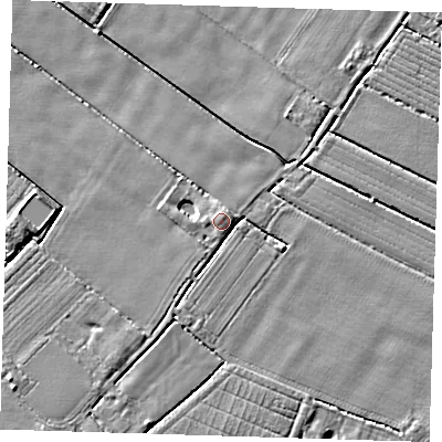 Shaded relief map of the ground around PE220AW, computed from Environment Agency LiDAR. The ground here sits at about 4 m above sea level and falls 4 m across the surrounding 800 m. Surface water reaching this point runs off ground lying to the south-west, 2.4 m higher.