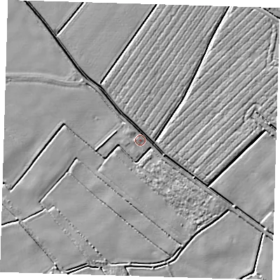 Shaded relief map of the ground around PE220AX, computed from Environment Agency LiDAR. The ground here sits at about 2 m above sea level and falls 4 m across the surrounding 800 m. Surface water reaching this point runs off ground lying to the east, 3.4 m higher.