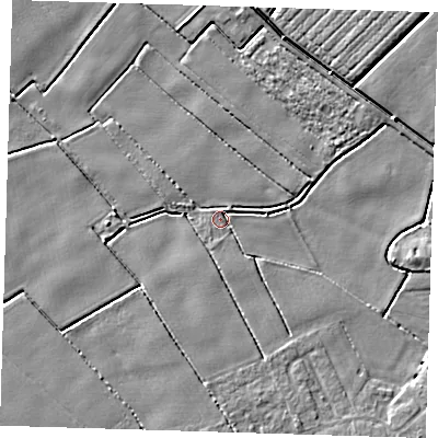 Shaded relief map of the ground around PE220AY, computed from Environment Agency LiDAR. The ground here sits at about 2 m above sea level and falls 4 m across the surrounding 800 m. Surface water reaching this point runs off ground lying to the south-south-east, 2.2 m higher.