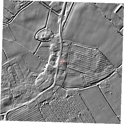 Shaded relief map of the ground around PE220AZ, computed from Environment Agency LiDAR. The ground here sits at about 3 m above sea level and falls 4 m across the surrounding 800 m. Surface water reaching this point runs off ground lying to the east, 0.8 m higher.