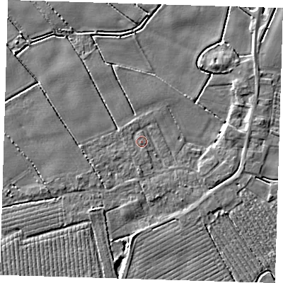 Shaded relief map of the ground around PE220BA, computed from Environment Agency LiDAR. The ground here sits at about 2 m above sea level and falls 4 m across the surrounding 800 m. Surface water reaching this point runs off ground lying to the south, 1.3 m higher.
