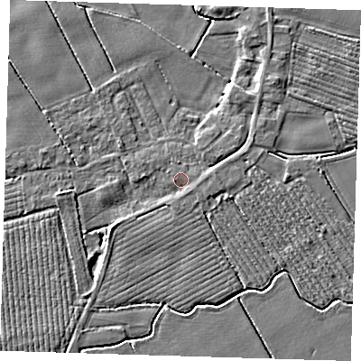 Shaded relief map of the ground around PE220BB, computed from Environment Agency LiDAR. The ground here sits at about 2 m above sea level and falls 4 m across the surrounding 800 m. Surface water reaching this point runs off ground lying to the east, 1.2 m higher.