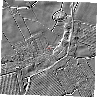 Shaded relief map of the ground around PE220BE, computed from Environment Agency LiDAR. The ground here sits at about 2 m above sea level and falls 4 m across the surrounding 800 m. Surface water reaching this point runs off ground lying to the south-south-west, 0.6 m higher.