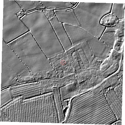Shaded relief map of the ground around PE220BG, computed from Environment Agency LiDAR. The ground here sits at about 2 m above sea level and falls 4 m across the surrounding 800 m. Surface water reaching this point runs off ground lying to the west-south-west, 0.9 m higher.