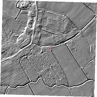 Shaded relief map of the ground around PE220BH, computed from Environment Agency LiDAR. The ground here sits at about 3 m above sea level and falls 4 m across the surrounding 800 m. Surface water reaching this point runs off ground lying to the north-north-west, 2.4 m higher.