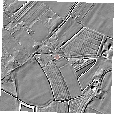 Shaded relief map of the ground around PE220BJ, computed from Environment Agency LiDAR. The ground here sits at about 3 m above sea level and falls 4 m across the surrounding 800 m. Surface water reaching this point runs off ground lying to the east, 2.0 m higher.