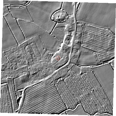 Shaded relief map of the ground around PE220BL, computed from Environment Agency LiDAR. The ground here sits at about 2 m above sea level and falls 4 m across the surrounding 800 m. Surface water reaching this point runs off ground lying to the east-south-east, 1.1 m higher.